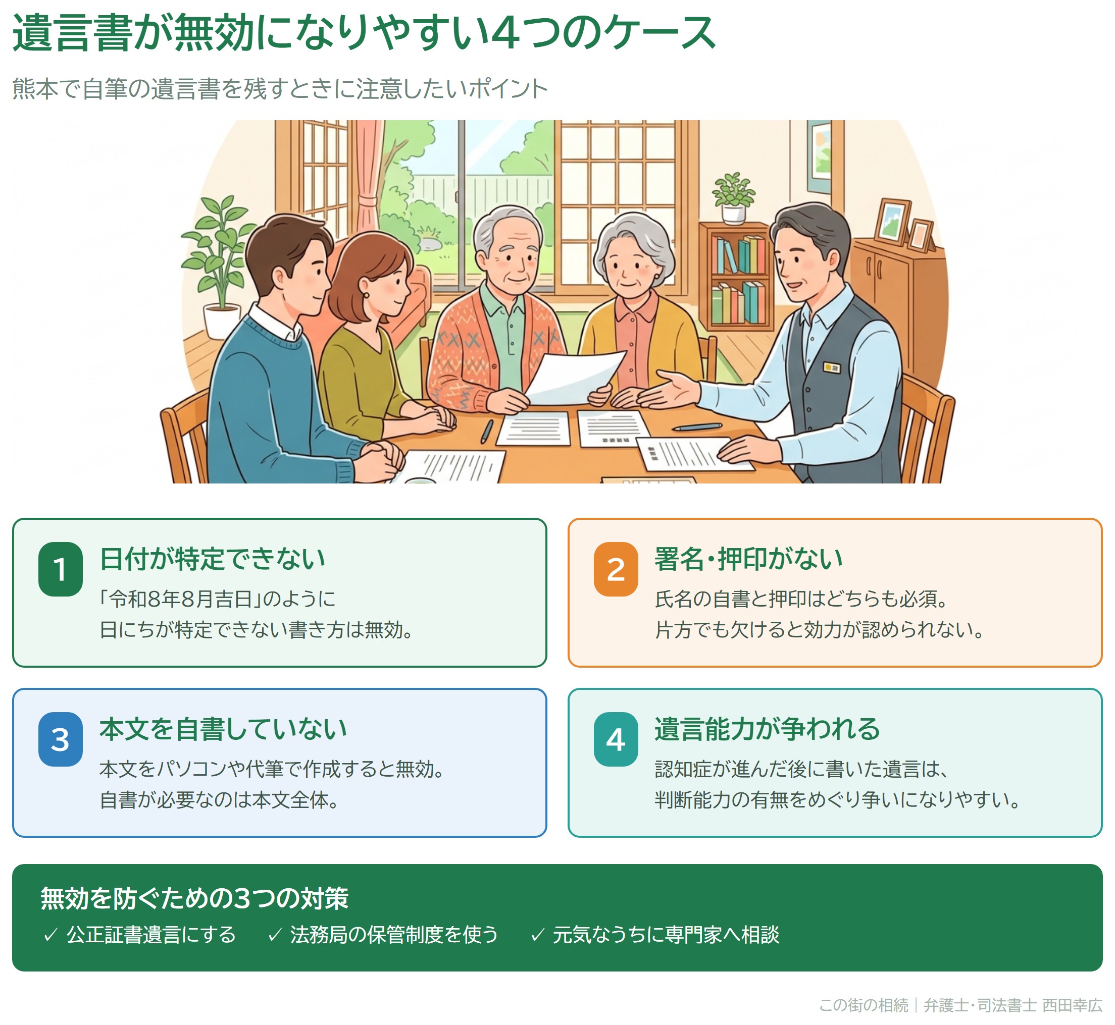 遺言書が無効になりやすい4つのケースと、無効を防ぐための3つの対策を示した図解