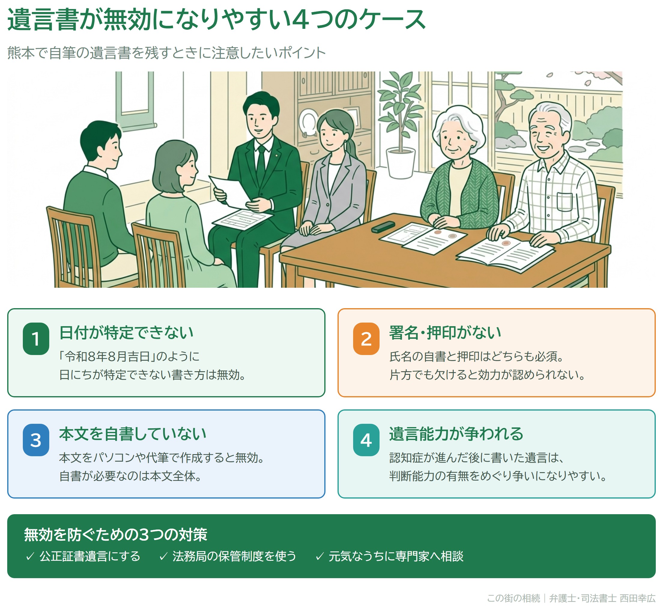 遺言書が無効になりやすい4つのケースと、無効を防ぐための3つの対策を示した図解